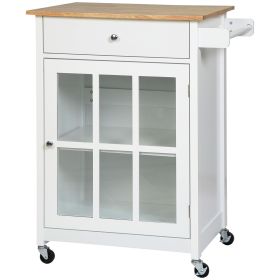HOMCOM Mobile Kitchen Trolley, White, Elegant Glass Panel Door, Metallic Grip, Towel Holder, Versatile Use
