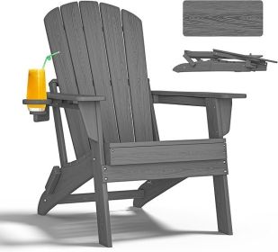 HDPE Folding Adirondack Chairs With Cup Holder (Option: Grey-2pack)