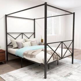 Metal Canopy Bed Frame, Platform Bed Frame Queen With X Shaped Frame Queen Black (Color: black)