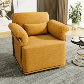 360 Degree Square Swivel Accent Sofa Chair,Fluffy Fabric Lounge Wide Upholstered Reading Chair With Gold Metal Legs, Comfortable Armchair For Liv (Color: Orange)