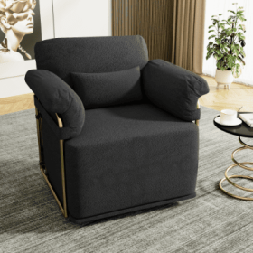 360 Degree Square Swivel Accent Sofa Chair,Fluffy Fabric Lounge Wide Upholstered Reading Chair With Gold Metal Legs, Comfortable Armchair For Liv (Color: black)