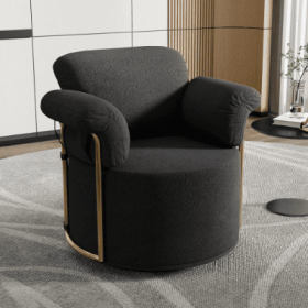 360 Degree Barrel Swivel Accent Sofa Chair,Fluffy Fabric Lounge Wide Upholstered Reading Chair With Gold Metal Legs, Comfortable Round Armchair F (Color: black)