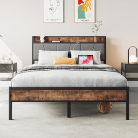 Full Size Bed Frame, Storage Headboard With Charging Station, Solid And Stable, Noise Free, No Box Spring Needed, Easy Assembly,Vintage Brown And (Color: black)