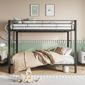 Metal Bunk Bed Twin Over Twin, Heavy Duty Twin Bunk Beds With Shelf And Slatted Support No Box Spring Needed Black (Color: black)
