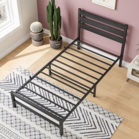 Twin Size Platform Bed Frame With Rustic Vintage Wood Headboard, No Box Spring Needed Black (Color: black)