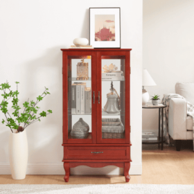 Lighted Glass Cabinet Glass Wine Cabinet Curio Display Cabinet With Adjustable Glass Shelves 2 Doors And 1 Drawer Cabinet Bulb Included OAK (Option: Cherry)