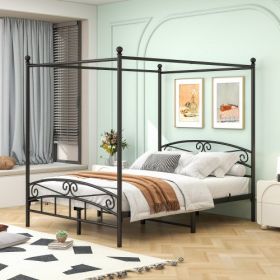 Queen Size Metal Canopy Bed Frame With Headboard And Footboard Black (Color: black)
