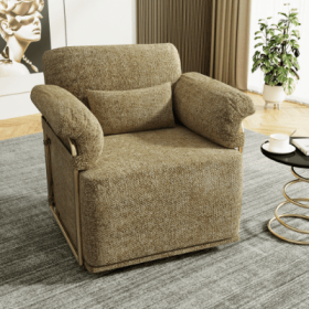 360 Degree Square Swivel Accent Sofa Chair,Fluffy Fabric Lounge Wide Upholstered Reading Chair With Gold Metal Legs, Comfortable Armchair For Liv (Color: Brown)