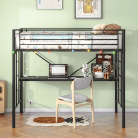 Twin Metal Loft Bed With Desk, Power Outlet And LED Lighted , Safety Guard & Ladder, No Box Spring Needed, Black (Color: black)