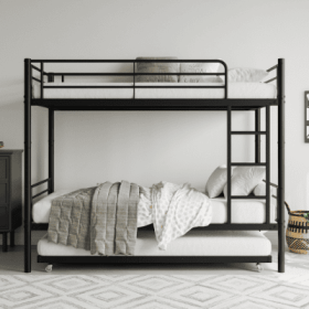 Twin Bunk Bed With Trundle Metal Bunkbeds With Ladder And Full-Length Guardrail, Noise Free, No Box Spring Needed, Black (Color: black)