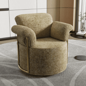 360 Degree Barrel Swivel Accent Sofa Chair,Fluffy Fabric Lounge Wide Upholstered Reading Chair With Gold Metal Legs, Comfortable Round Armchair F (Color: Brown)