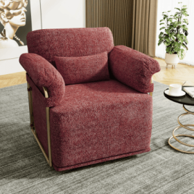 360 Degree Square Swivel Accent Sofa Chair,Fluffy Fabric Lounge Wide Upholstered Reading Chair With Gold Metal Legs, Comfortable Armchair For Liv (Color: Red)