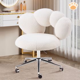 Armless Desk Chair Teddy Fabric Vanity Chair With Wheel (Color: White)