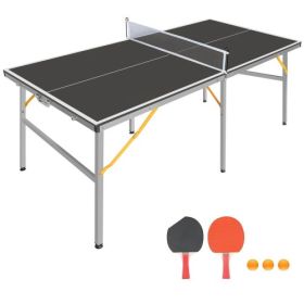 6ft Black Mid-Size Table Tennis Table Foldable & Portable Ping Pong Table Set For Indoor & Outdoor Games With Net, 2 Table Tennis Paddles And 3 B (Color: black)