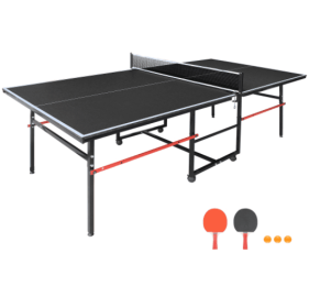 8ft Black Mid-Size Table Tennis Table Foldable & Portable Ping Pong Table Set For Indoor Games With Net, 2 Table Tennis Paddles And 3 Balls (Color: black)