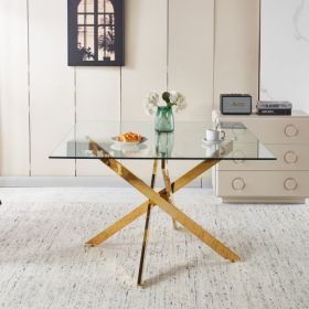 Golden Dining Table With Cross Metal Leg And Glass,Modern Space Saving Kitchen Table For Living Room,120x120x75cm Square Glass (Option: Golden)
