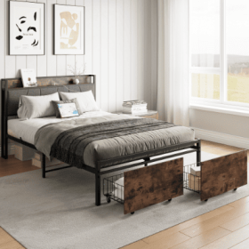 Full Size Bed Frame, Storage Headboard With Charging Station And 2 Storage Drawers,Vintage Brown And Gray (Color: black)