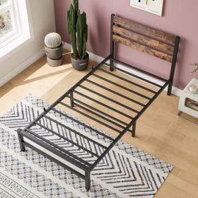 Twin Size Platform Bed Frame With Rustic Vintage Wood Headboard, Strong Metal Slats Support Mattress Foundation, No Box Spring Needed Rustic Brow (Color: black)