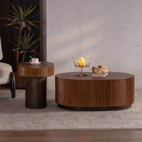 Handcraft Round Nesting Coffee Table Set Of 2, - Chic Wave Stripe Edge, Modern Stylish Wooden Circle Fluted Center Table For Living Room (Option: Natural Wood)