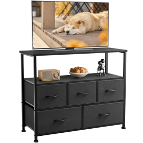 Dresser For Bedroom, Chest Of Drawers, 5 Drawer Dresser, Closet Fabric Dresser With Metal Frame Tv Stand (Color: black)