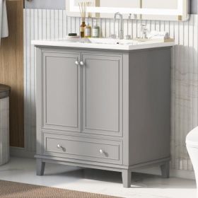 36 Bathroom Vanity With Sink, One Cabinet And Three Drawers, Solid Wood And MDF Board, (Color: Grey)