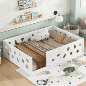 Full Size Floor Bed With Heightened Safety Guardrails And Door, Solid Wood Bedframe With Rails For Girls, Boys, Teens, Child Bedroom, Kids Playro (Color: White)