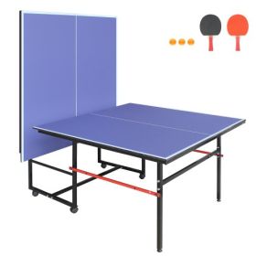 8ft Mid-Size Table Tennis Table Foldable & Portable Ping Pong Table Set For Indoor Games With Net, 2 Table Tennis Paddles And 3 Balls (Color: Blue)