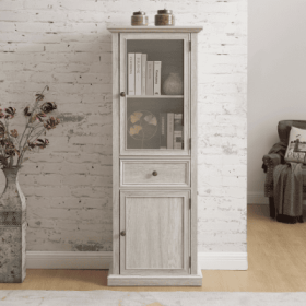 Tall Storage Cabinet, Freestanding Cabinet With Glass Door And Shelves, Sideboard Cabinet, Cabinet With Drawer For Living Room, Kitchen, Dining R (Color: White)