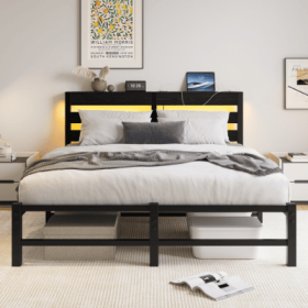Queen Size Metal Bed Frame With Wooden Headboard, RGB Lights, Charger, Storage Shelf, Noise-Free, No Box Spring Needed, Black (Color: black)
