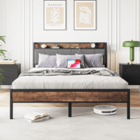 Queen Size Bed Frame, Storage Headboard With Charging Station, Solid And Stable, No Box Spring Needed, Easy Assembly, Vintage Brown And Gray (Color: black)
