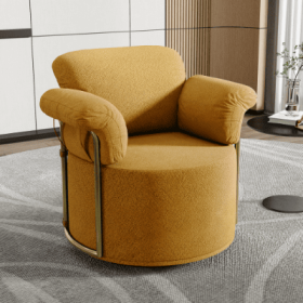 360 Degree Barrel Swivel Accent Sofa Chair,Fluffy Fabric Lounge Wide Upholstered Reading Chair With Gold Metal Legs, Comfortable Round Armchair F (Color: Orange)
