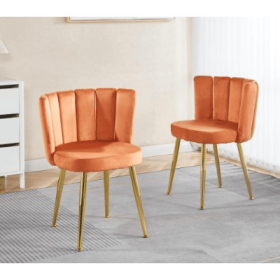 Modern ORANGE Dining Chair  Set Of 2   With Iron Tube Golden Color Legs, Velvet And Comfortable Backrest, Suitable For Dining Room, Living Room, (Color: Orange)