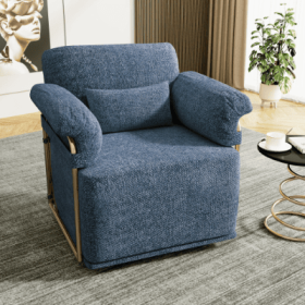 360 Degree Square Swivel Accent Sofa Chair,Fluffy Fabric Lounge Wide Upholstered Reading Chair With Gold Metal Legs, Comfortable Armchair For Liv (Color: Blue)