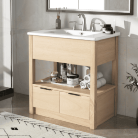 30 Bathroom Vanity With Sink Top, Bathroom Cabinet With Open Storage Shelf And Two Drawers, One Package, Natural (Option: Natural)
