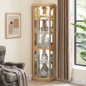 Corner Glass Cabinet Lighted Curio Cabinet Corner Display Case For Living Room, Curio Cabinet, Antique Collection, Wine,Bar Glass Storage Light I (Option: Light Oak)