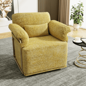 360 Degree Square Swivel Accent Sofa Chair,Fluffy Fabric Lounge Wide Upholstered Reading Chair With Gold Metal Legs, Comfortable Armchair For Liv (Color: Yellow)