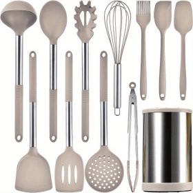 Kitchen Cooking Utensils Set, 12-piece Kitchen Utensils Set Non-stick Cooking Set Heat-resistant, BPA-Free, Silicone Handle Kitchen Tools (Color: Khaki)