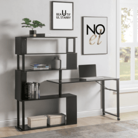 Home Office Computer Desk L Shaped Corner Table, Rotating Computer Table With 5-Tier Bookshelf, Four Installation Methods, Lockable Casters Black (Color: black)