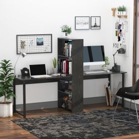 Extra Long 2-Person Desk With Bookshelf Black Home Office Workstation Combo (Color: black)
